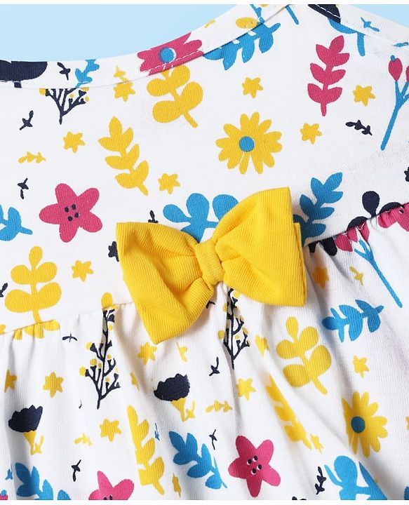 Babyhug 100% Cotton Single Jersey Knit Sleeveless Frock Floral Print & Bow Applique - White