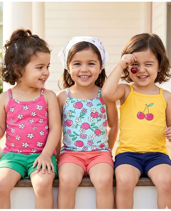 Babyhug 100% Cotton Single Jersey Knit Sleeveless Slips With Floral & Apple Print Pack Of 3 - Pink Light Blue & Yellow