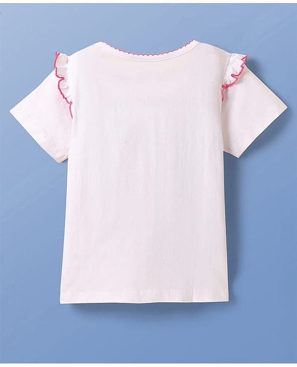 Pine Kids Cotton Knit Half Sleeves Top With Doll Print & Frill Detailing - White