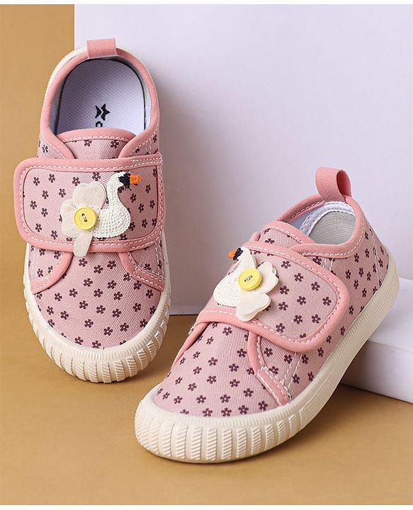 Cute Walk by Babyhug Velcro Closure Casual Shoes with Floral Print & Applique - Pink