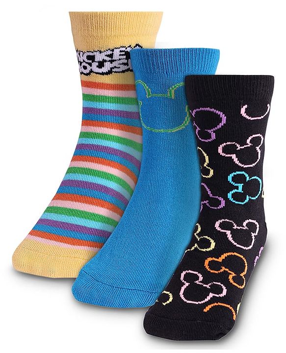 Cute Walk by Babyhug Knit Antibacterial Socks With Mickey Mouse Graphics Pack Of 3 - Blue Black & Yellow