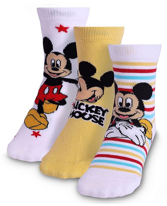 Cute Walk By Babyhug Knit Antibacterial Socks With Mickey Mouse Graphics Pack Of 3 - White & Yellow