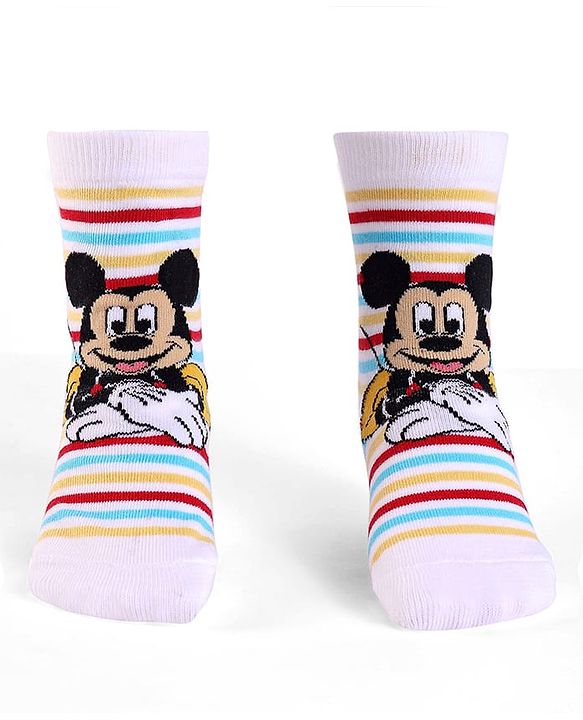 Cute Walk By Babyhug Knit Antibacterial Socks With Mickey Mouse Graphics Pack Of 3 - White & Yellow