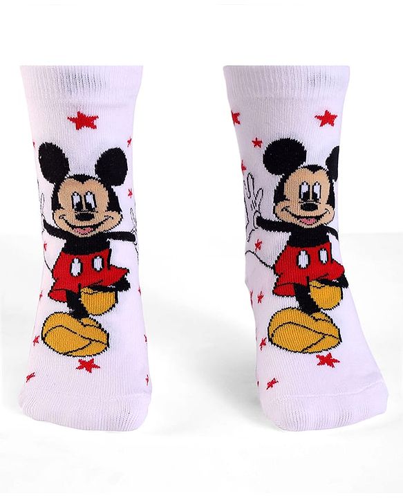 Cute Walk By Babyhug Knit Antibacterial Socks With Mickey Mouse Graphics Pack Of 3 - White & Yellow
