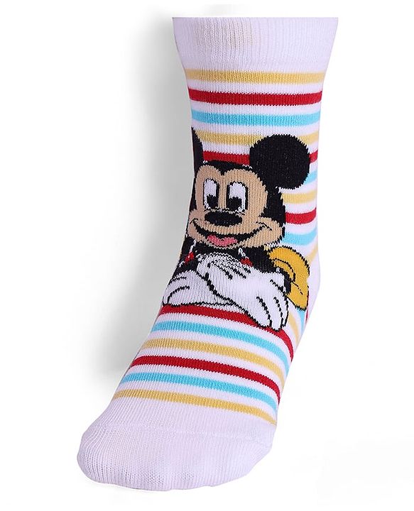 Cute Walk By Babyhug Knit Antibacterial Socks With Mickey Mouse Graphics Pack Of 3 - White & Yellow