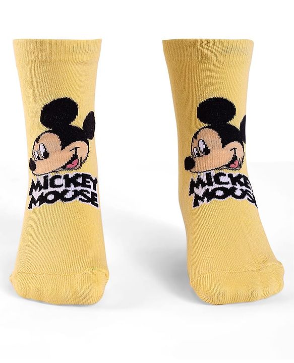 Cute Walk By Babyhug Knit Antibacterial Socks With Mickey Mouse Graphics Pack Of 3 - White & Yellow