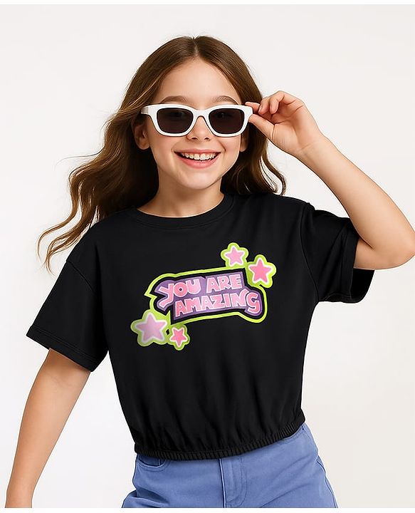 Pine Kids Cotton Knit Half Sleeves Top with Text Print - Black