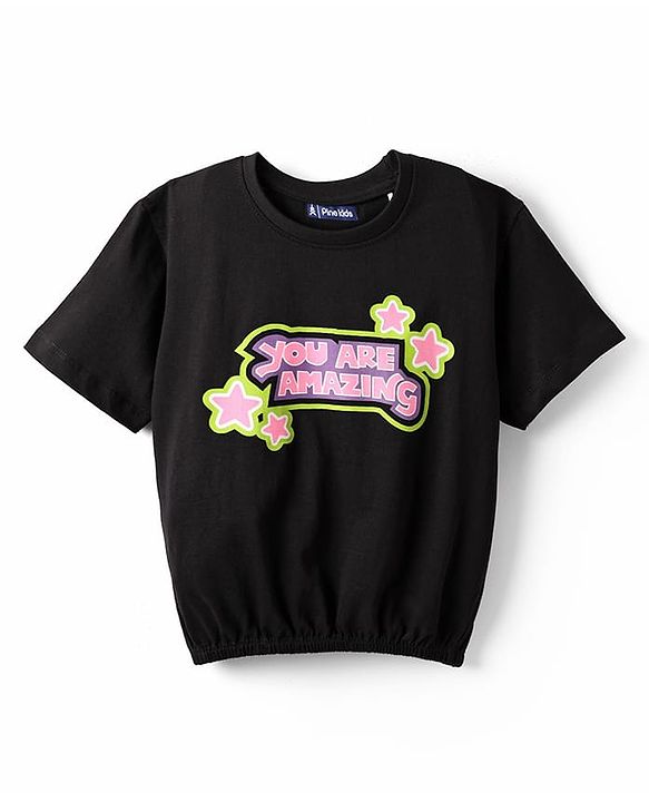 Pine Kids Cotton Knit Half Sleeves Top with Text Print - Black