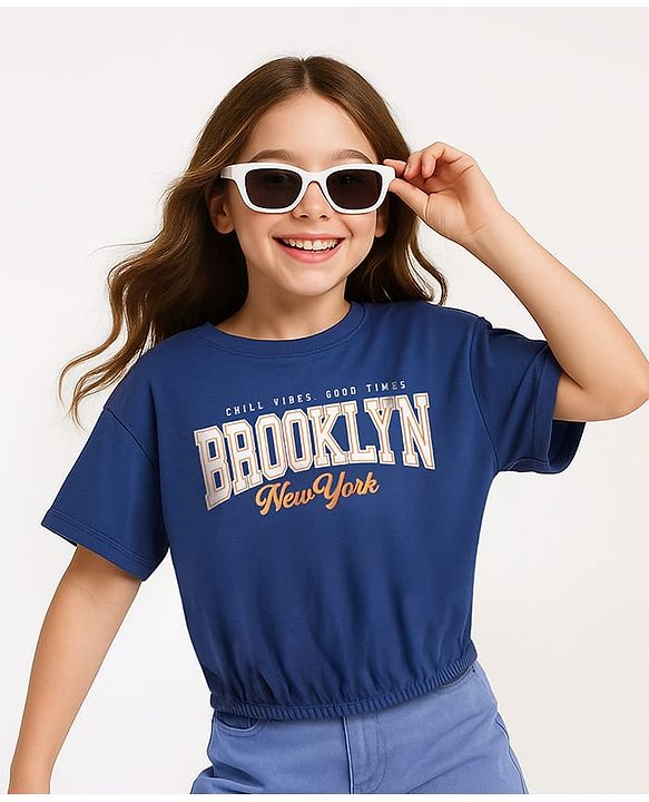 Pine Kids Cotton Knit Half Sleeves Top with Text Print - Navy Blue