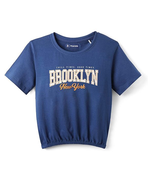 Pine Kids Cotton Knit Half Sleeves Top with Text Print - Navy Blue