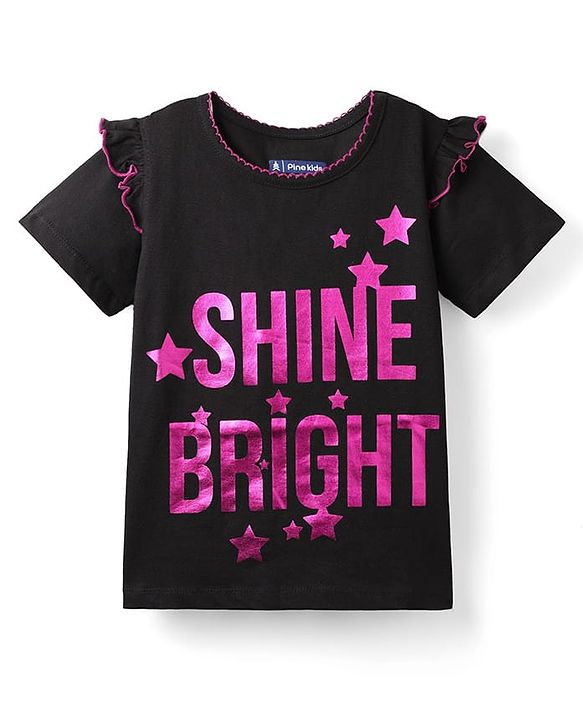 Pine Kids Cotton Knit Half Sleeves Top with Text Foil Print - Black
