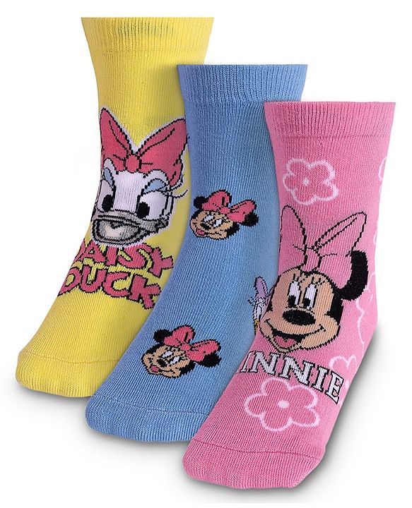 Cute Walk By Babyhug Knit Antibacterial Socks With Minnie Mouse Graphics Pack Of 3 - Yellow Pink & Blue