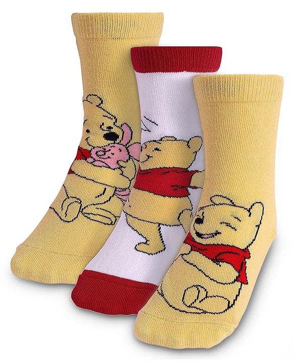 Cute Walk By Babyhug Knit Antibacterial Socks With Winnie The Pooh Graphics Pack Of 3 - Yellow & White
