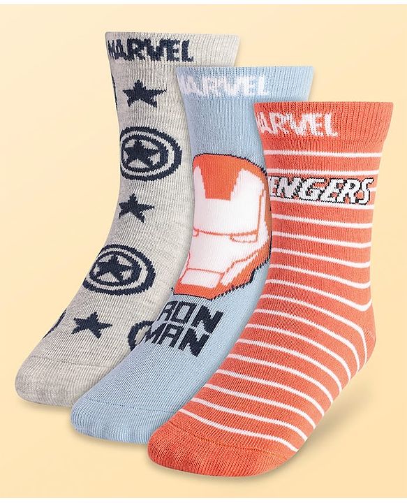 Pine Kids Marvel Knit Antibacterial Socks With Stripes & Avengers Graphics Pack Of 3 - Orange Light Blue & Grey