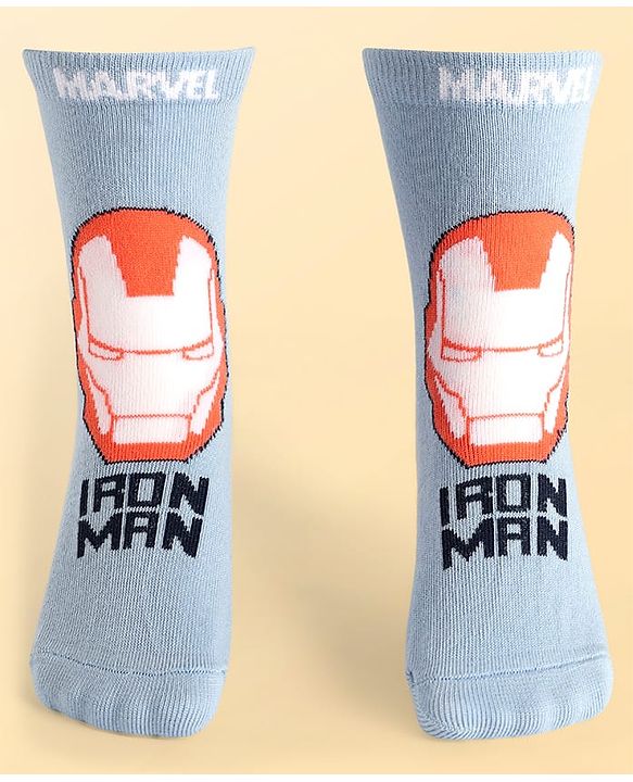 Pine Kids Marvel Knit Antibacterial Socks With Stripes & Avengers Graphics Pack Of 3 - Orange Light Blue & Grey