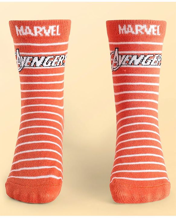 Pine Kids Marvel Knit Antibacterial Socks With Stripes & Avengers Graphics Pack Of 3 - Orange Light Blue & Grey
