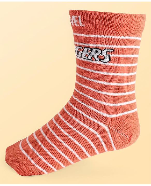 Pine Kids Marvel Knit Antibacterial Socks With Stripes & Avengers Graphics Pack Of 3 - Orange Light Blue & Grey