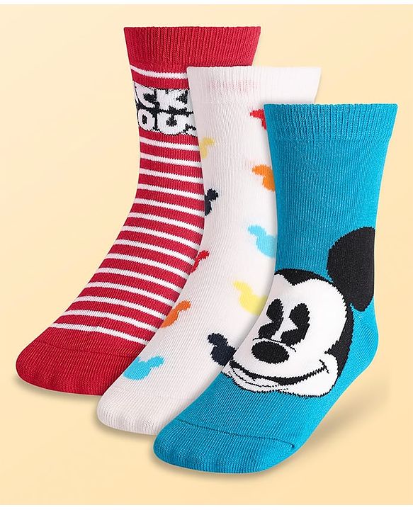 Pine Kids Disney Knit Antibacterial Socks With Stripes & Mickey Mouse Graphics Pack Of 3 - Red Light Blue & White