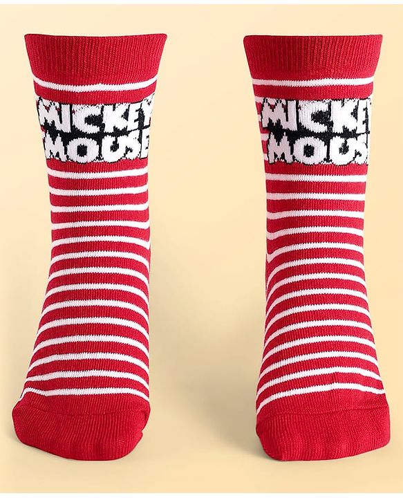 Pine Kids Disney Knit Antibacterial Socks With Stripes & Mickey Mouse Graphics Pack Of 3 - Red Light Blue & White