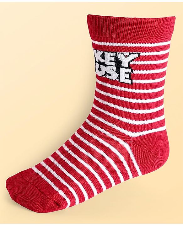 Pine Kids Disney Knit Antibacterial Socks With Stripes & Mickey Mouse Graphics Pack Of 3 - Red Light Blue & White