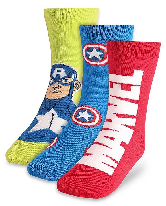 Pine Kids Marvel Knit Antibacterial Socks With Avenger Graphics Pack Of 3 - Red Blue & Green