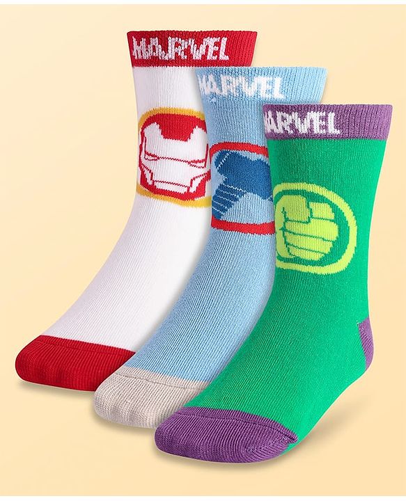 Pine Kids Marvel Knit Antibacterial Socks With Avengers Graphics Pack Of 3 - Green Light Blue & White