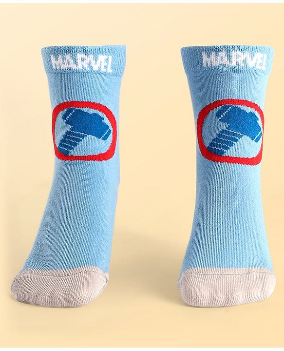 Pine Kids Marvel Knit Antibacterial Socks With Avengers Graphics Pack Of 3 - Green Light Blue & White