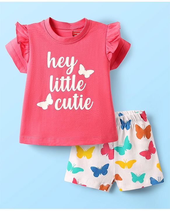 Babyhug Cotton Knit Half Sleeves Night Suit With Butterfly Print & Frill Detailing - Pink