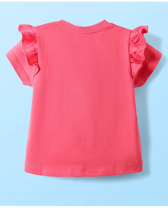 Babyhug Cotton Knit Half Sleeves Night Suit With Butterfly Print & Frill Detailing - Pink