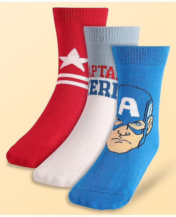 Pine Kids Marvel Knit Antibacterial Socks With Avengers Graphics Pack Of 3 - Red Blue & White