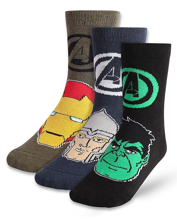 Pine Kids Marvel Knit Antibacterial Socks With Avengers Graphics Pack Of 3 -  Black Navy Blue & Brown