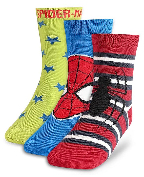 Pine Kids Knit Antibacterial Socks With Spider Man Graphics Pack Of 3 - Red Blue & Green