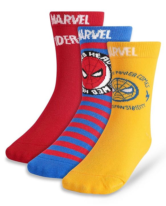 Pine Kids Knit Antibacterial Socks With Spider Man Graphics Pack Of 3 - Red Yellow & Blue