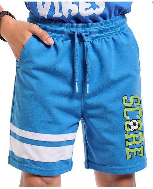 Pine Kids Looper Knit Knee Length Shorts with Soccer Text Print - Blue & White