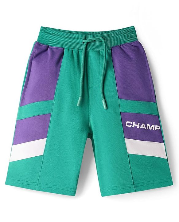 Pine Kids Looper Knit Knee Length Cut & Sew Shorts with Champ Text Print - Green & Purple