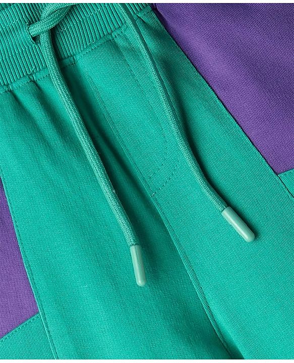 Pine Kids Looper Knit Knee Length Cut & Sew Shorts with Champ Text Print - Green & Purple