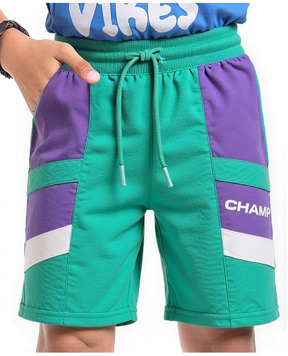 Pine Kids Looper Knit Knee Length Cut & Sew Shorts with Champ Text Print - Green & Purple