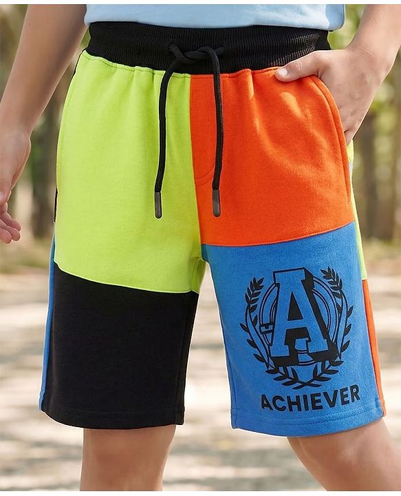 Pine Kids Looper Knit Knee Length Cut & Sew Shorts With Text Print - Multicolour
