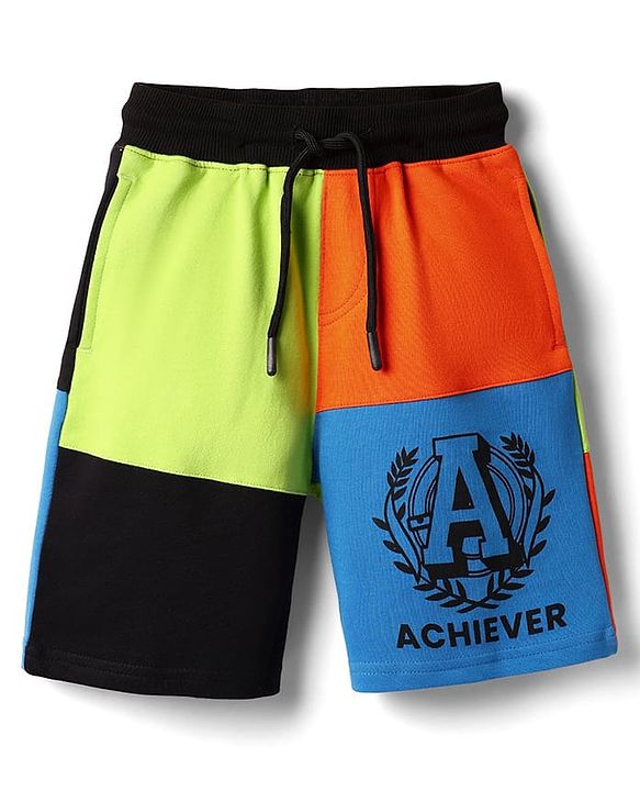 Pine Kids Looper Knit Knee Length Cut & Sew Shorts With Text Print - Multicolour