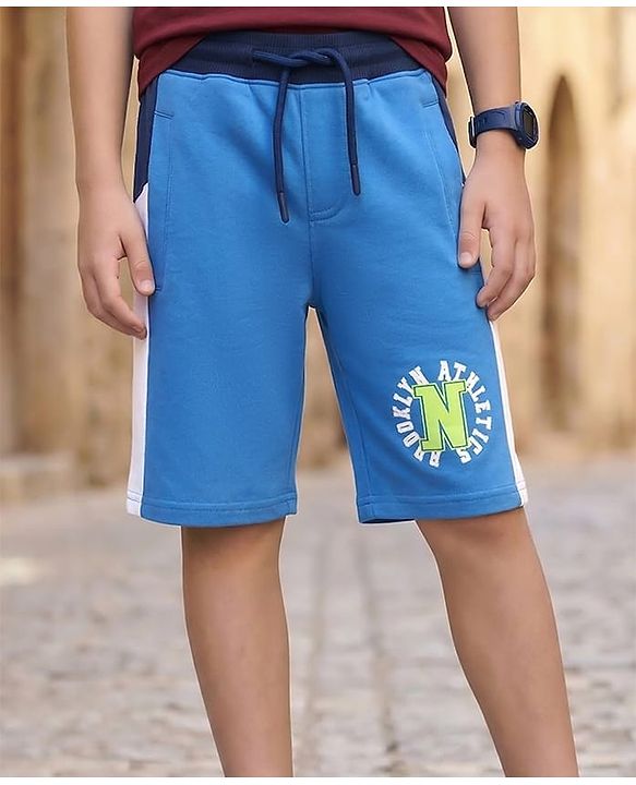 Pine Kids Looper Knit Knee Length Cut & Sew Shorts with Text Print - Blue