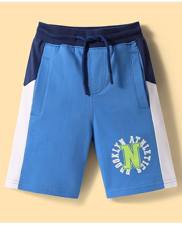 Pine Kids Looper Knit Knee Length Cut & Sew Shorts with Text Print - Blue