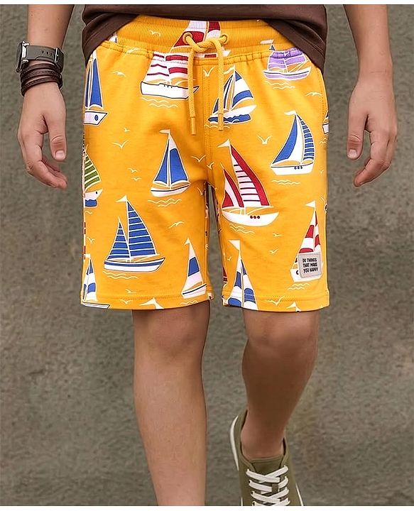 Pine Kids Looper Knit Above Knee Length Shorts With Boat Print - Golden