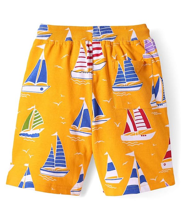 Pine Kids Looper Knit Above Knee Length Shorts With Boat Print - Golden