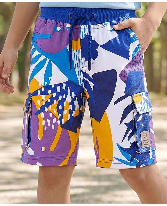 Pine Kids Looper Knit Above Knee Length Shorts with Abstract Print - Blue