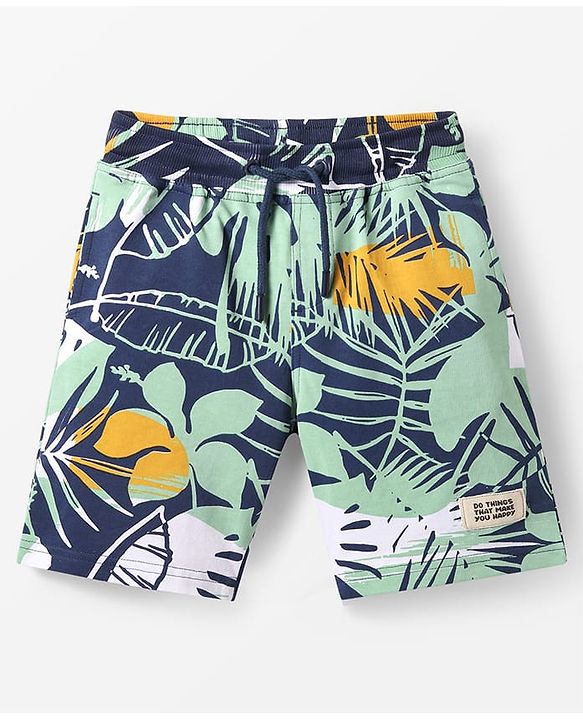 Pine Kids Looper Knit Above Knee Length Shorts with Tropical Theme Print - Navy Blue