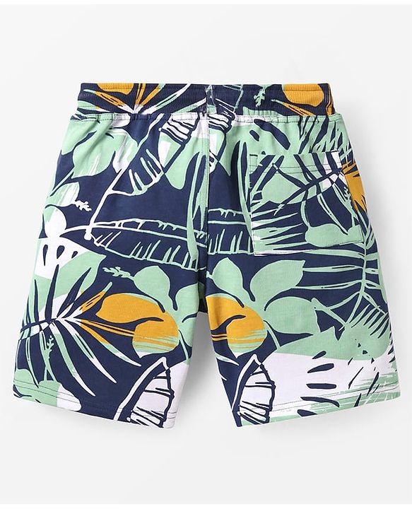 Pine Kids Looper Knit Above Knee Length Shorts with Tropical Theme Print - Navy Blue