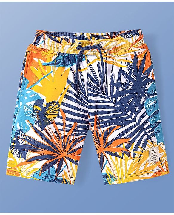 Pine Kids Looper Knit Above Knee Length Shorts with Tropical Print - Blue & Yellow