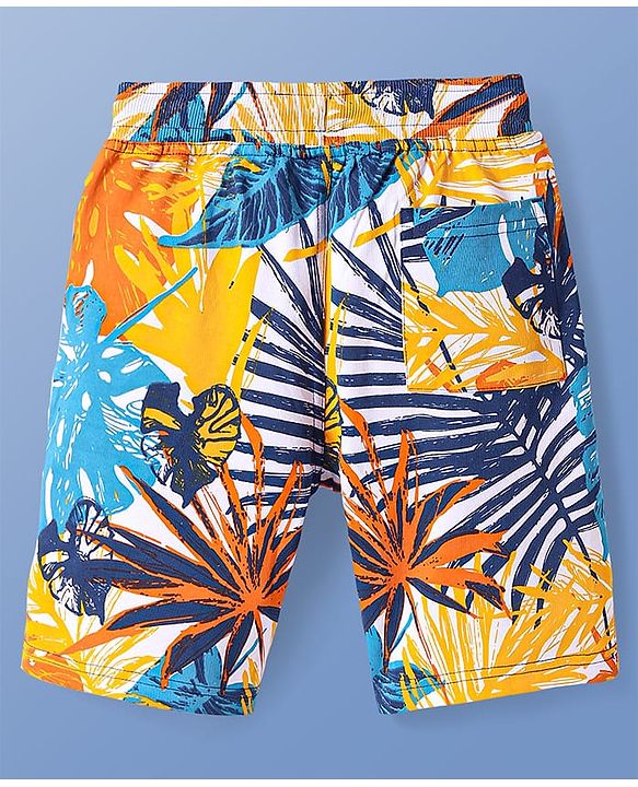 Pine Kids Looper Knit Above Knee Length Shorts with Tropical Print - Blue & Yellow
