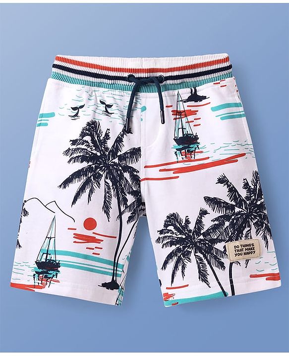 Pine Kids Looper Knit Above Knee Length Shorts with Beach Theme Print - White