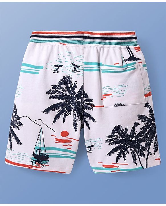 Pine Kids Looper Knit Above Knee Length Shorts with Beach Theme Print - White